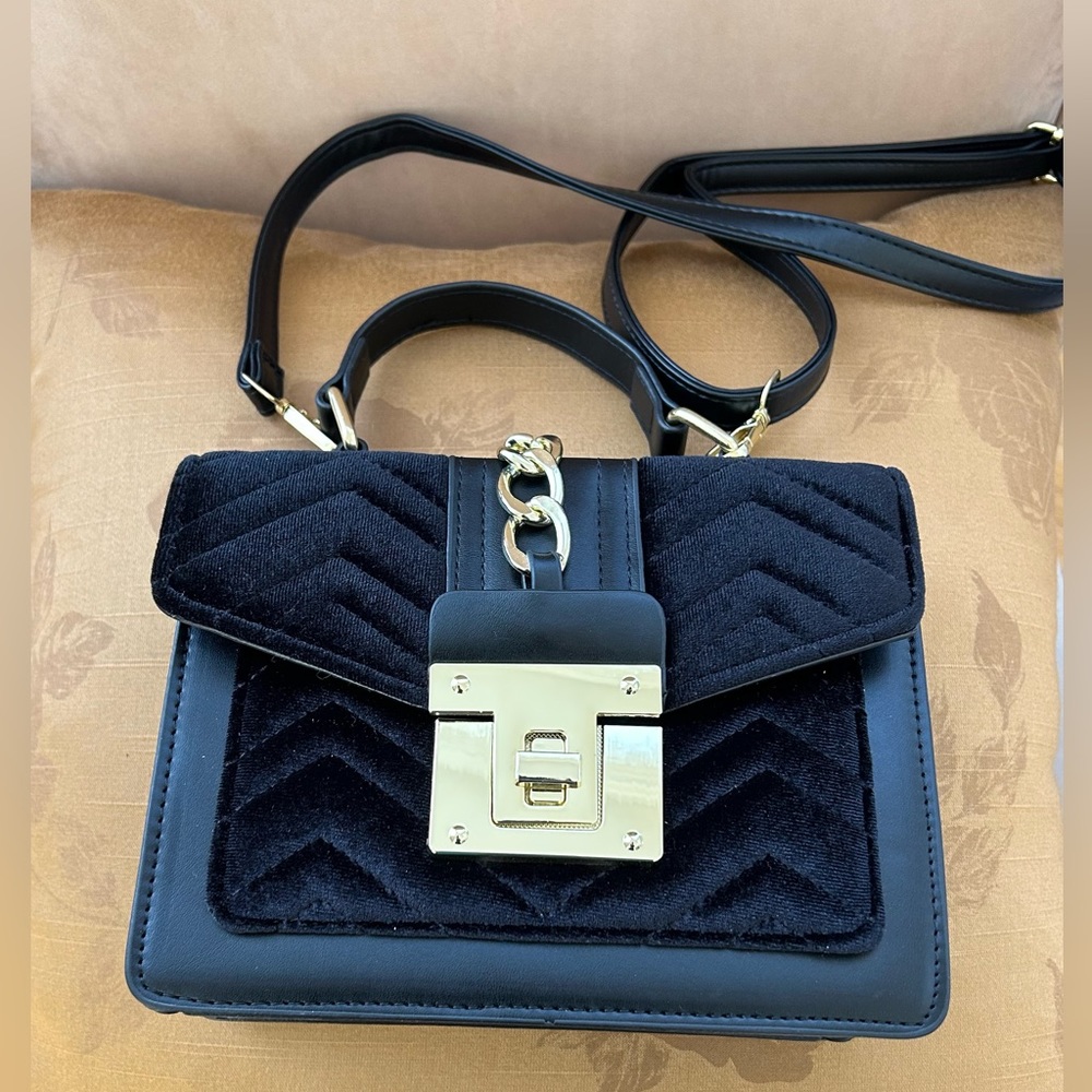 Black Velvet and Faux Leather Handbag Crossbody